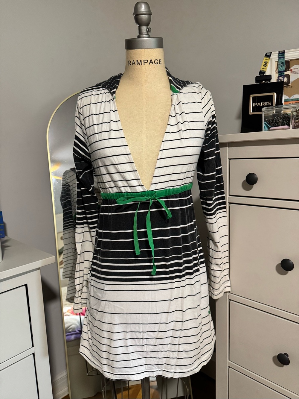 Volcom Y2K Surf Striped Hooded Tunic Dress Black‎ White Green Size Medium